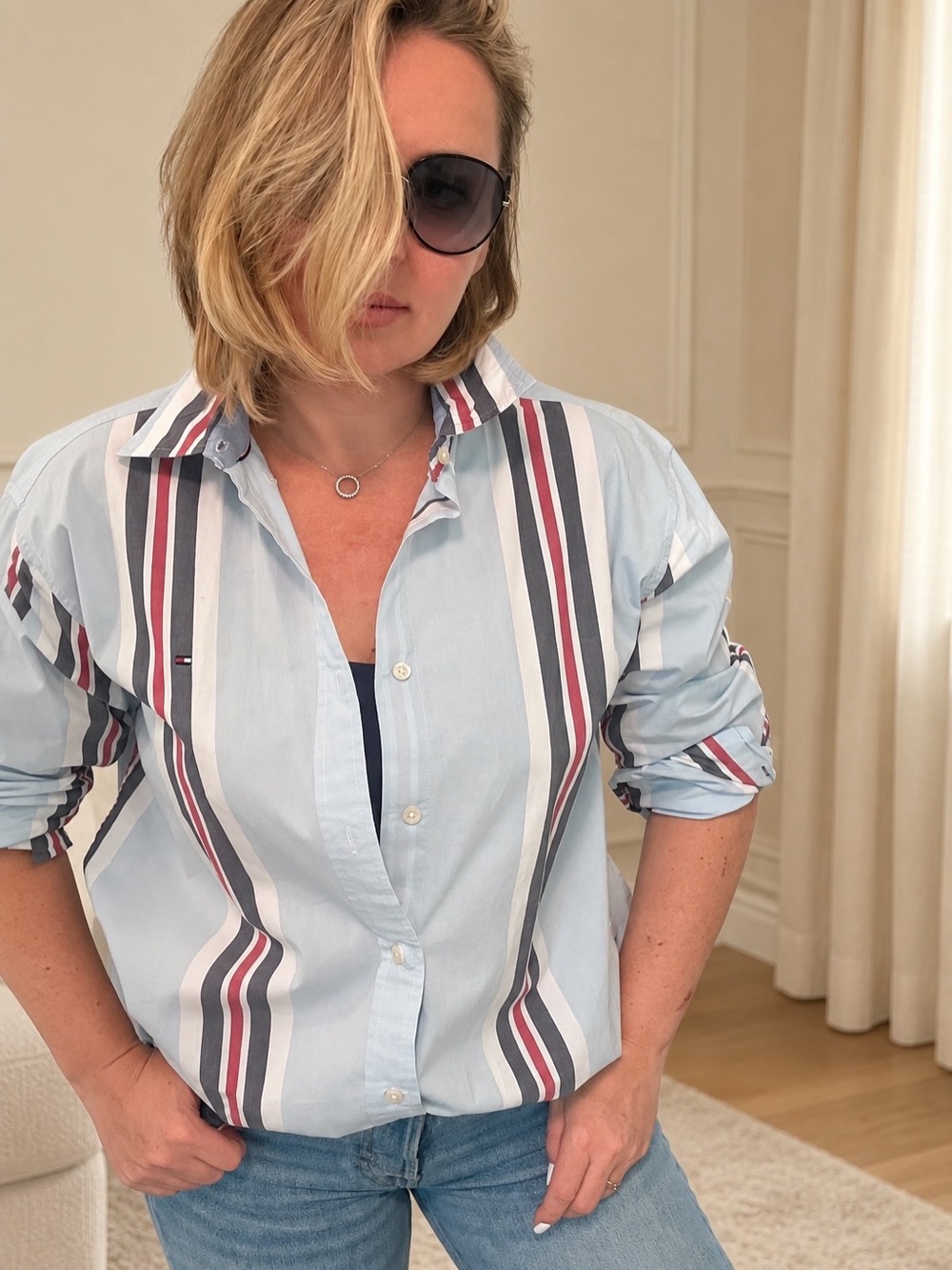 Vintage Tommy Hilfiger Women’s Oversized L Blue Striped Button Down Shirt Y2K